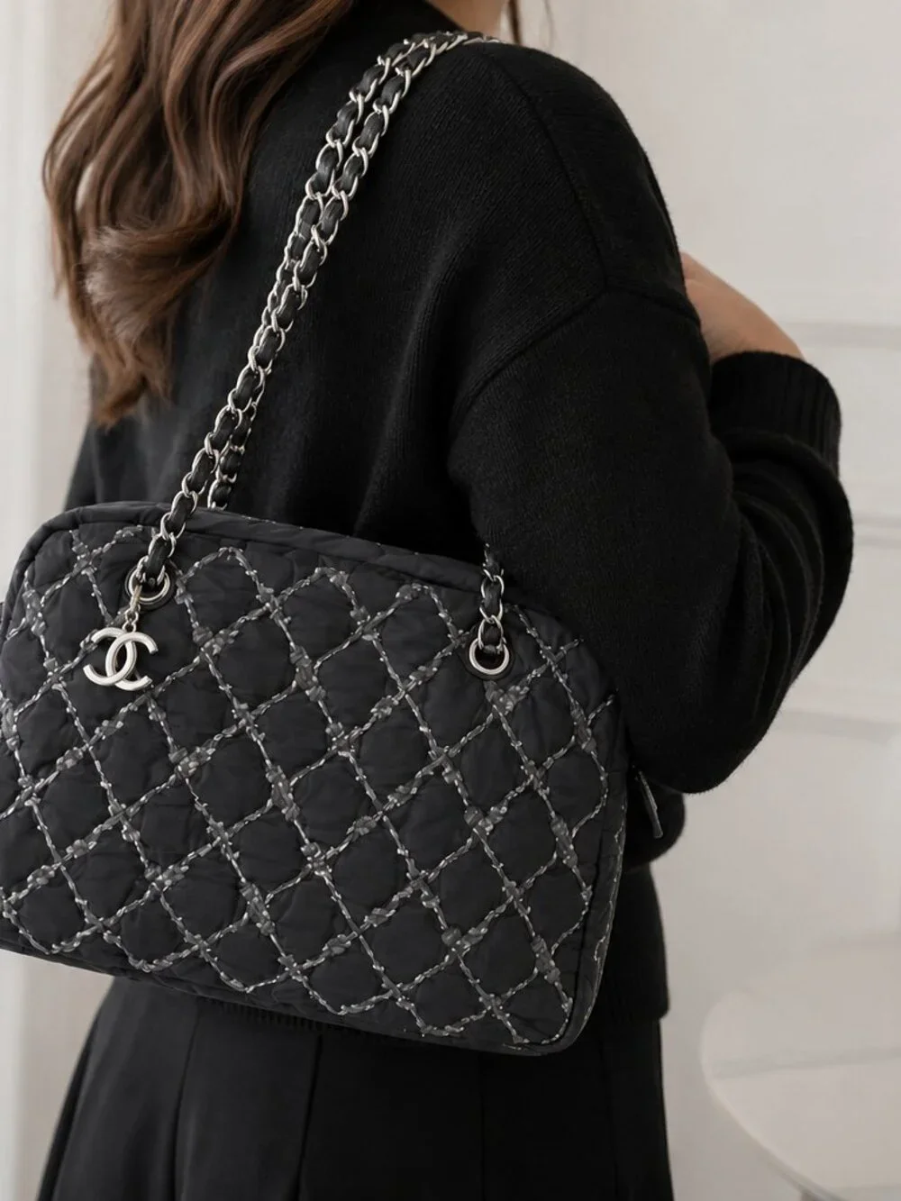 Chanel Tweed On Stitch Bubble Bowling Bag Black Nylon SHW Chain Shoulder Bag